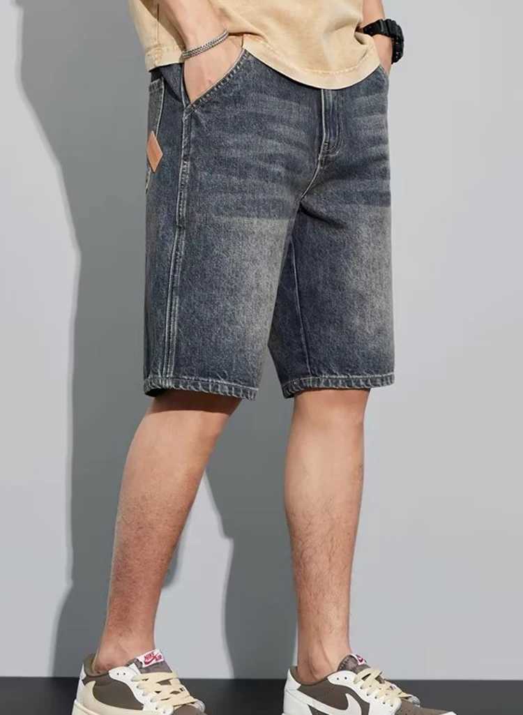 Summer denim shorts mens thin pants casual shorts loose straight mens washed jeans.T250305