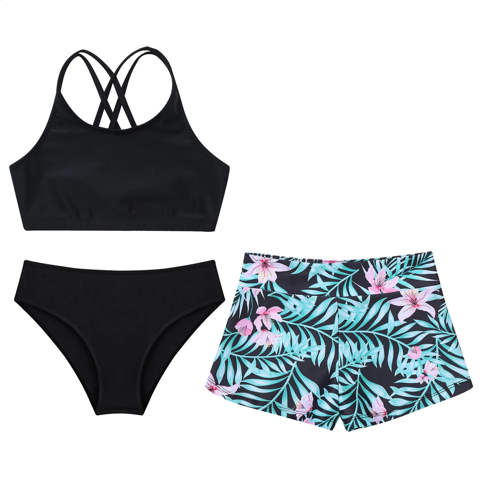 Kids Girls 3 Pieces Swimming Bathing Suits Beach Wear Bikini Tankini Swimsuit Crop Tank TopBriefsPrinted Shorts Swimwear Set 250304