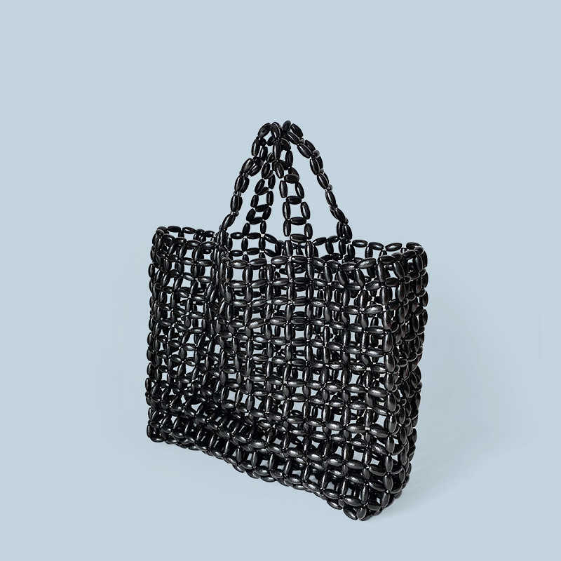 Korean Ins Niche Design Wooden Bead Bag Hand Woven Bag Armpit Bag Shoulder Bag Hollowed Out Bag Vacation Beach Bag 250315