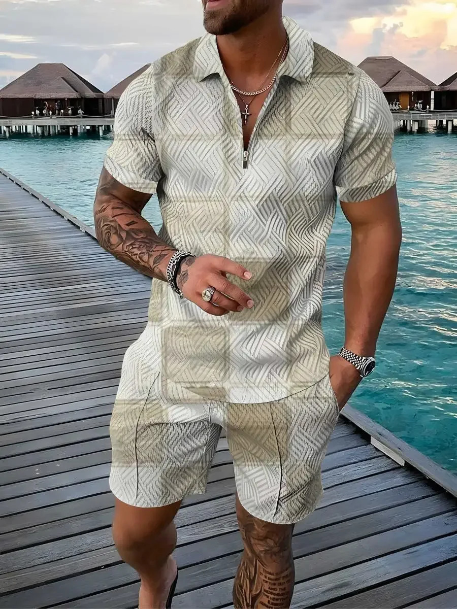 Summer Fashion Mens 3D Print Polo Shirts Short Sleeve Short Pants Color Gradient 2 Pcs Sets Golf Tracksuit Casual Beach Holiday 250304