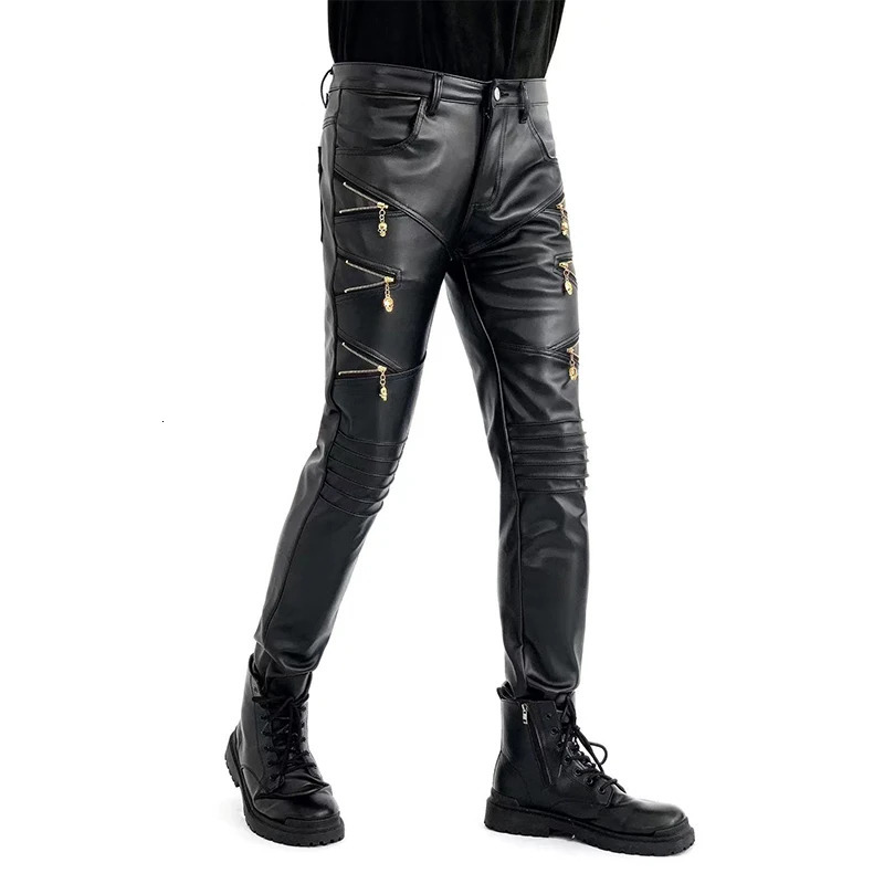Arrived Skinny Biker Leather Pants Mens Faux Trousers for Male Trouser Stage Club Wear 250304