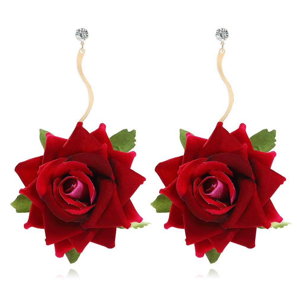 Exaggerated Three-Dimensional Rose Fabric Flower Earrings for Spring & Summer