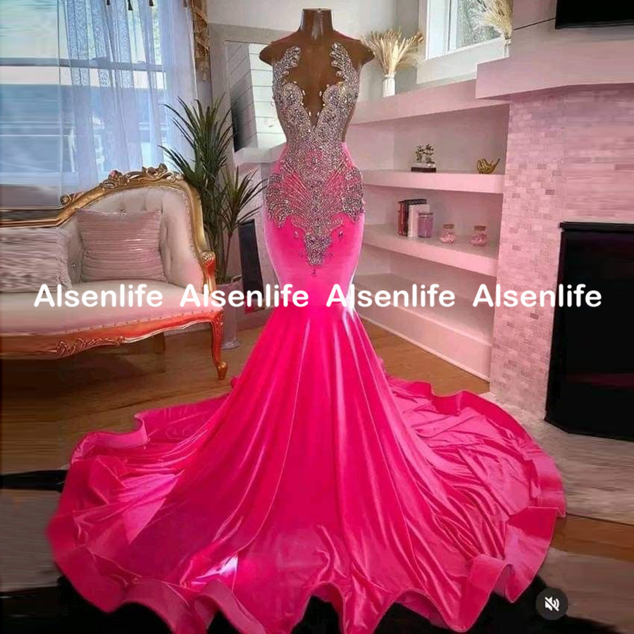 Hot Pink Diamond Prom Dresses 2025 For Women Birthday Outfit Black Girsl Vlevet Mermaid Party Dress Vestido Festa Customized