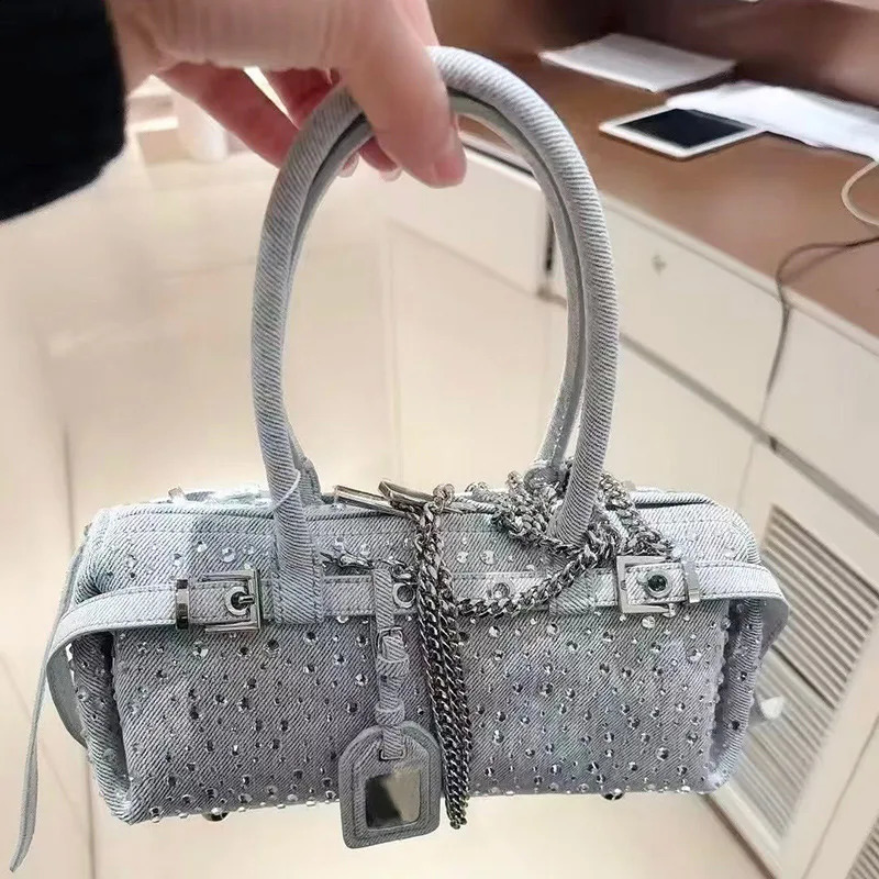 Spring Denim Diamond Handbag Niche Womens Boston Shoulder Bag Blue Denim Chain Crossbody Bag Ladies Pillow Bag 250304