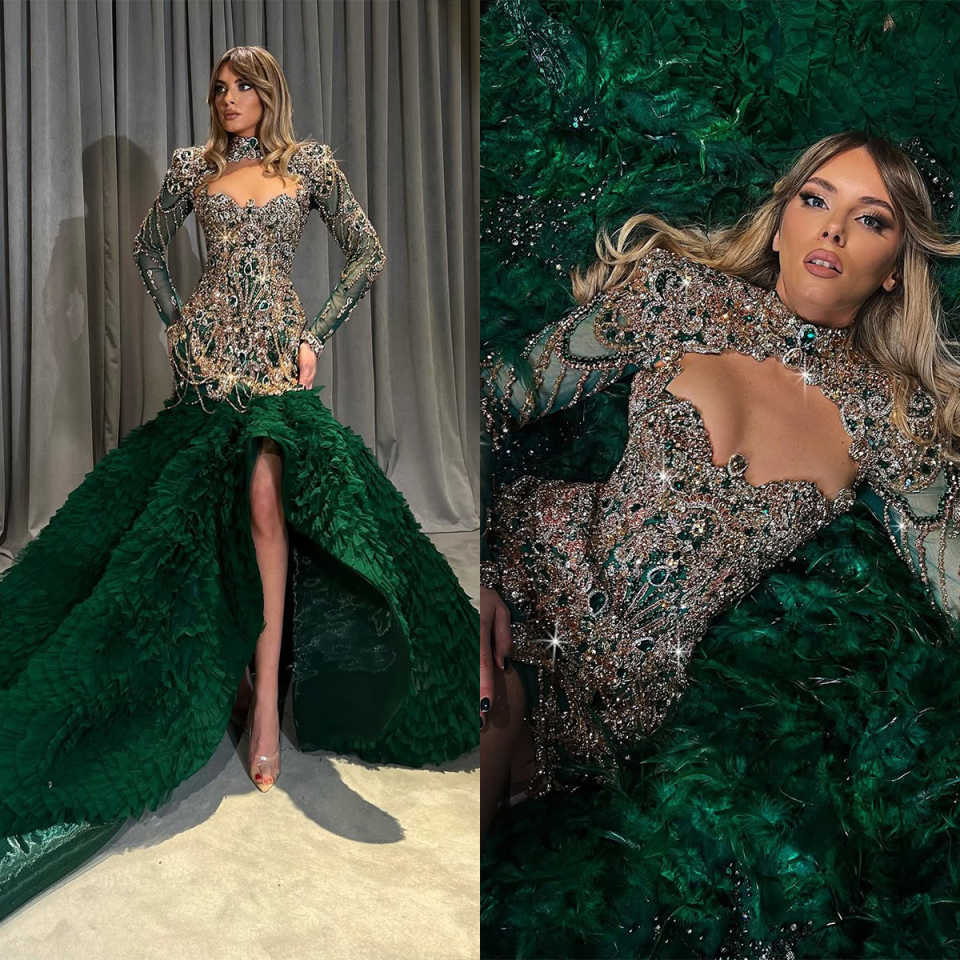 Exquisite High Neck Prom Dress Sexy Diamond Full Sleeve Formal Evening Gowns Ruffles Side Train Robe De Soiree Customized