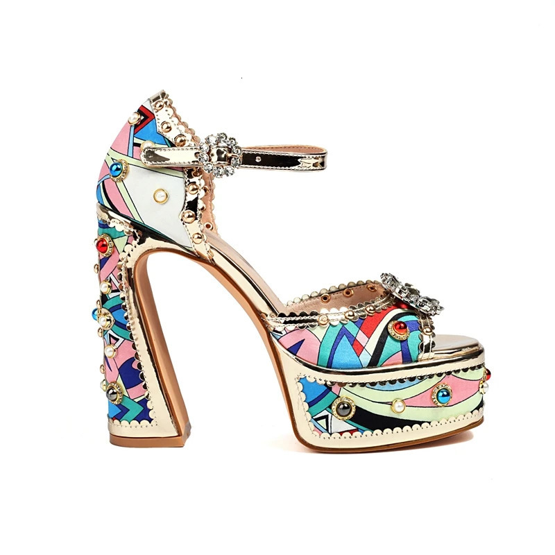 Womens Spring/Summer Diamond Pearl Flower Thick Sole Waterproof Platform High Heel Open Toe Bag Heel Sandals 250228
