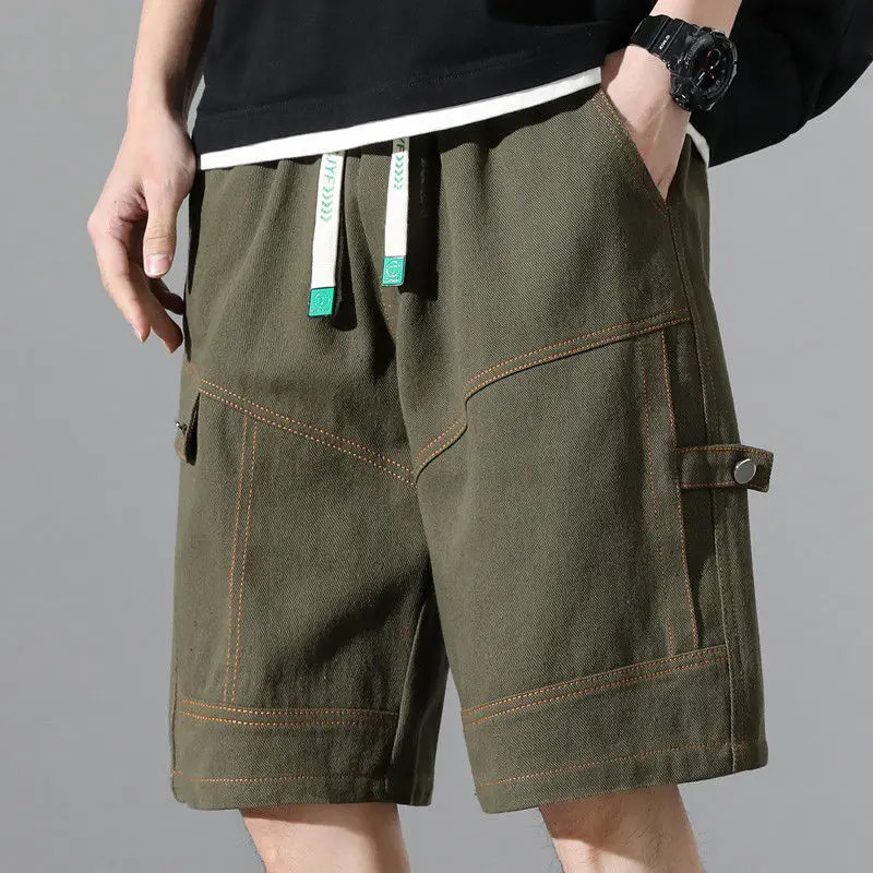 Fashion Elastic Spliced Straight Cargo Denim Shorts Mens Clothing Summer Loose Korean High Waist Knee Casual Shorts 250304