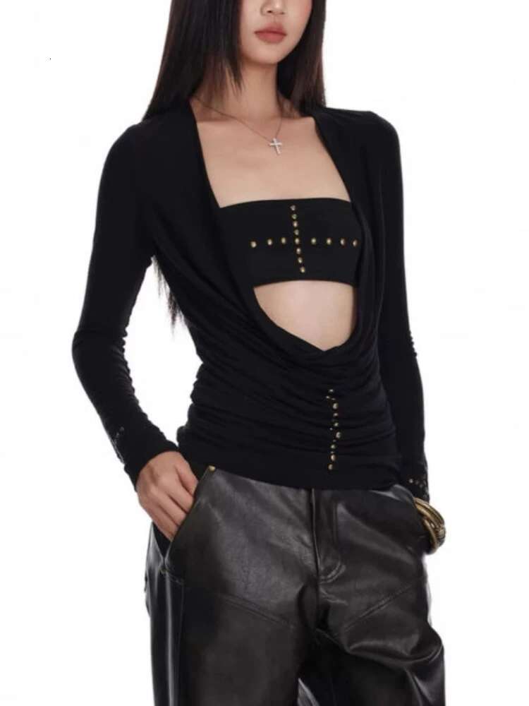 Two Pieces Set Punk Cross Rivets Sexy Women Strapless + Slim Haruku Vintage Solid Knitted T-Shirt Y2k Aesthetic Fashion Outfit