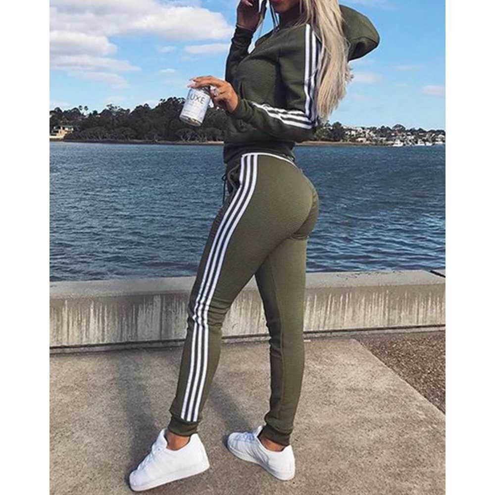 Autumn Women Striped Colorblock Long Slve Zipper Fly Hoodie Cuffed Pants Sets Sporty Strtwear Two Pieces Sweatpants Suit X250704