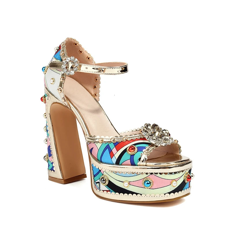 Womens Spring/Summer Diamond Pearl Flower Thick Sole Waterproof Platform High Heel Open Toe Bag Heel Sandals 250228