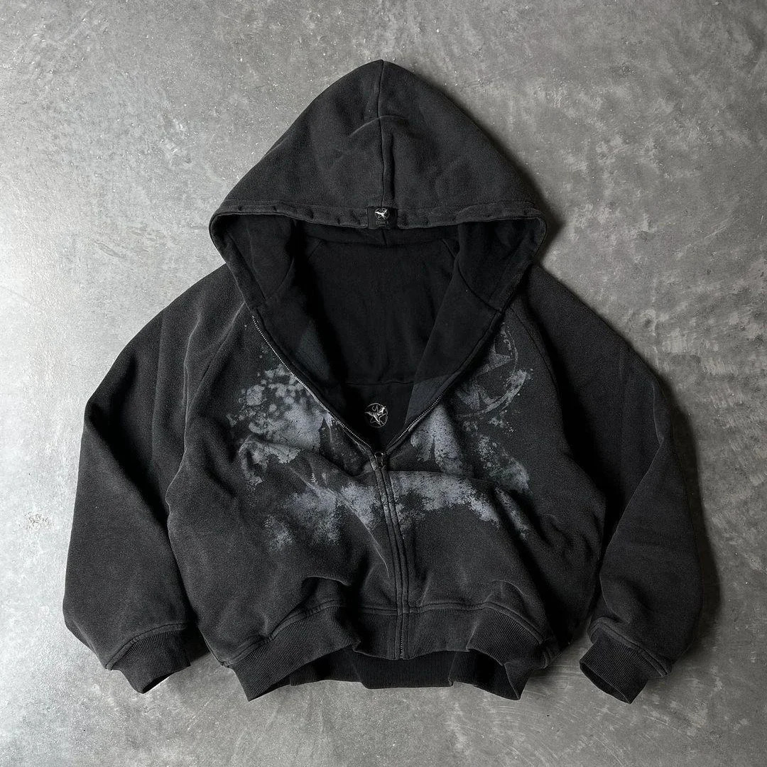 British Gothic Punk Style Printed Star Patch Embroidery Mens and Womens Hooded Cardigan Harajuku Retro Oversized Bat Sleeve Top 250304