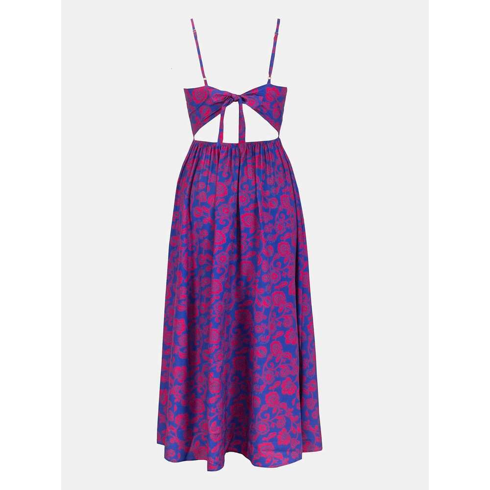 Women's extra long with floral print and twisted V-neck sleeveless dress for summer casual wear