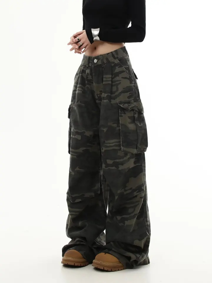 Camouflage Cargo Pants Women Y2K Streetwear Low Rise Jeans Retro Wide Leg Trousers Denim Straight Trousers Harajuku 250304