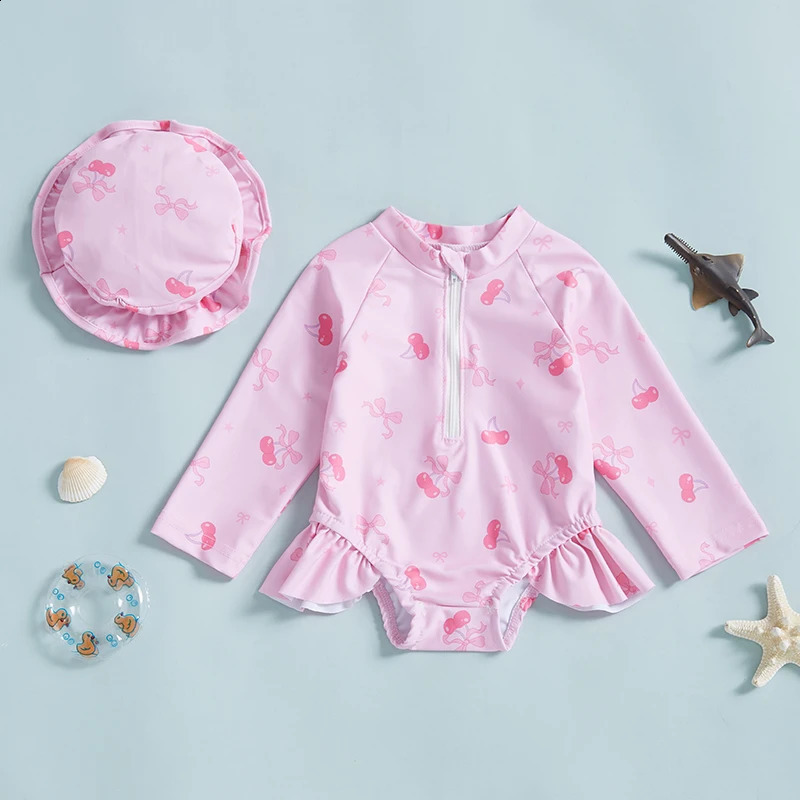Toddler Baby Girls Rash Guard Swimsuits with Hat 2 Pcs Set Bow Pattern Zip Up Long Sleeve Crew Neck Baby Girls Swimwears 250304