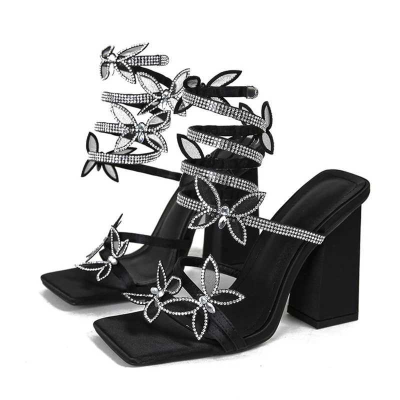 New Fi Design Crystal Butterfly Womens Sandals Sexy Square Toe Thick Heels Summer Party Ball ShoesXJ2500305