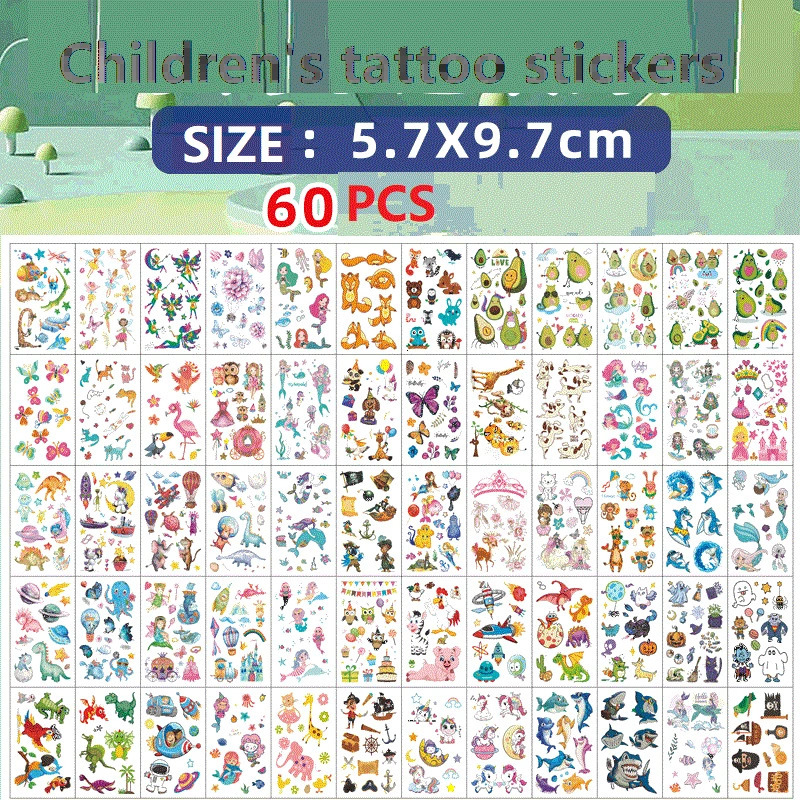 60PCS Temporary Tattoo Sticker for Children Kids Waterproof Tattoos Festival Glitters Face Girls Boy Child Mini 250219
