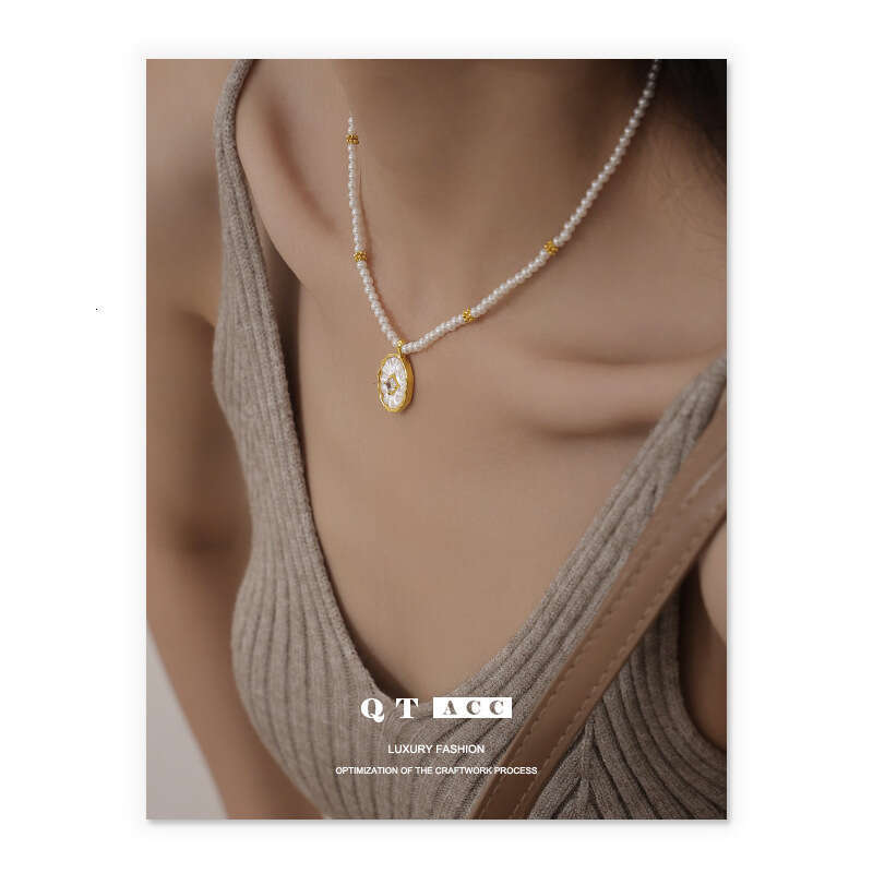 Brass Plated True Gold Instagram French Style Zircon Stone Imitation Pearl Natural Mother Shell Pendant Necklace Ornament for Women