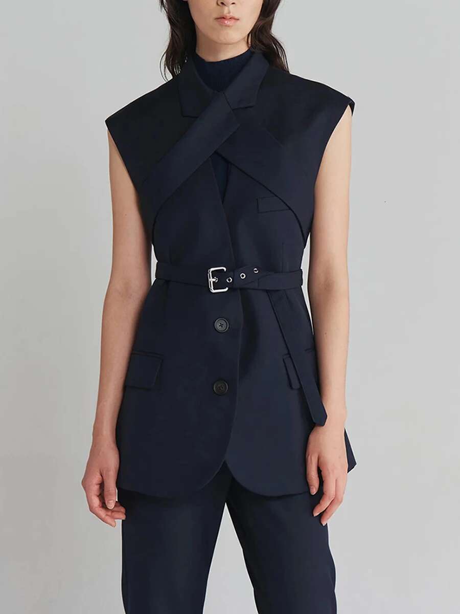 TWOTWINSTYLE Solid Spliced Belts Slimming Chic Waistcoats For Women Lapel Sleeveless Tunic Temperament Top Female Fashion New