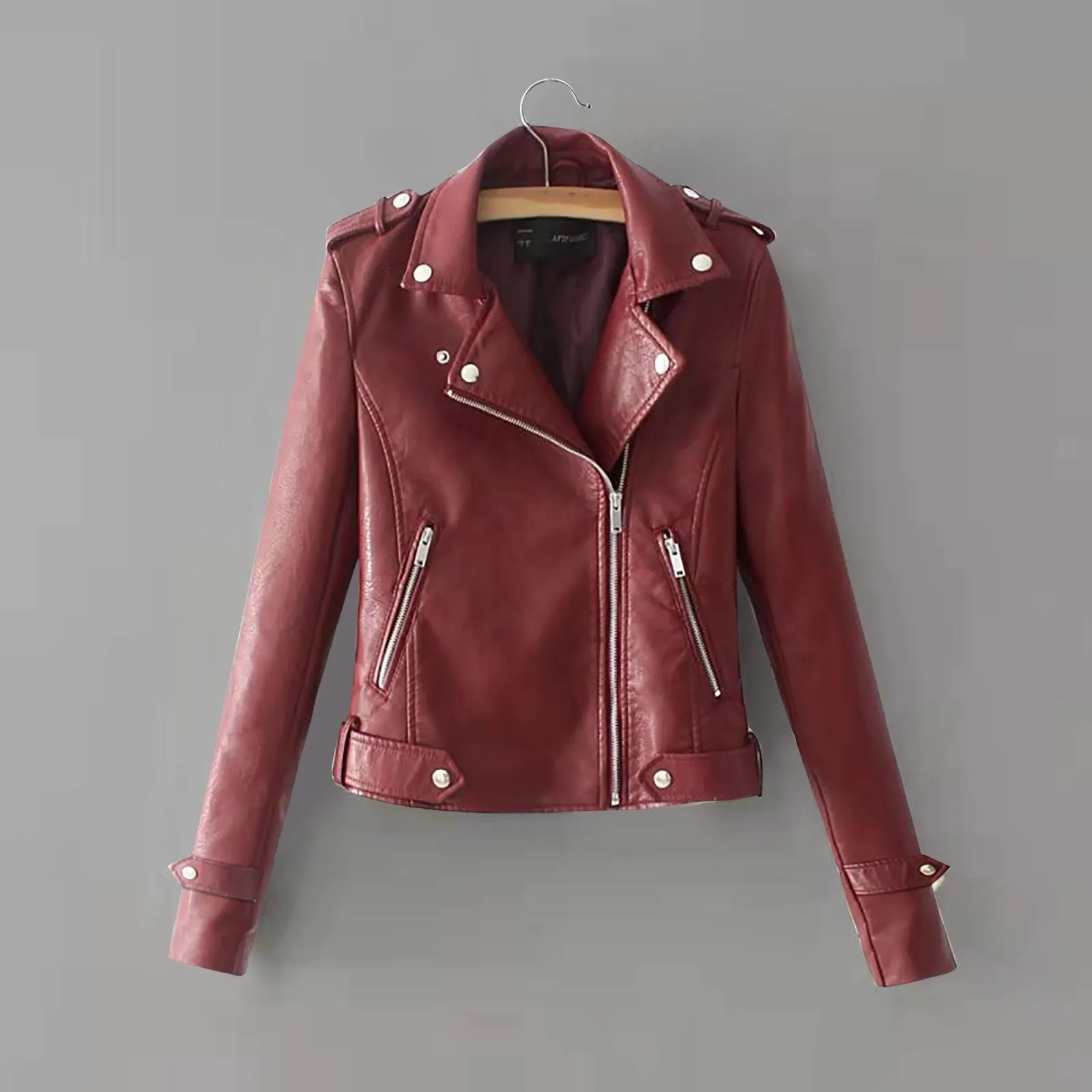 Casual and Elegant Womens Top Belt Fashion Pocket Artificial Leather Collar Solid Color Zipper Soft Jacket 250226