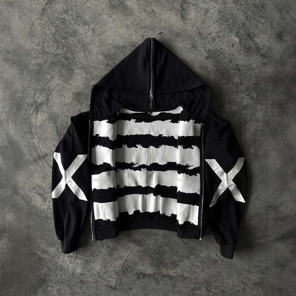 Y2K full zipper split design unisex printed hooded sweatshirt