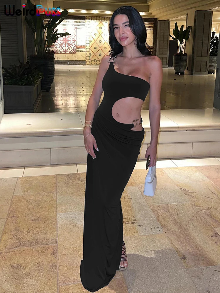 Strange cat metal buckle dress for women irregular hollow splicing one shoulder tight fitting strapless midnight club outfit Maxi Bodycon 250304