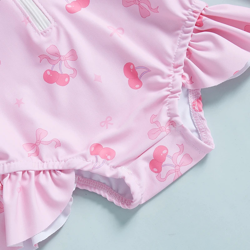 Toddler Baby Girls Rash Guard Swimsuits with Hat 2 Pcs Set Bow Pattern Zip Up Long Sleeve Crew Neck Baby Girls Swimwears 250304