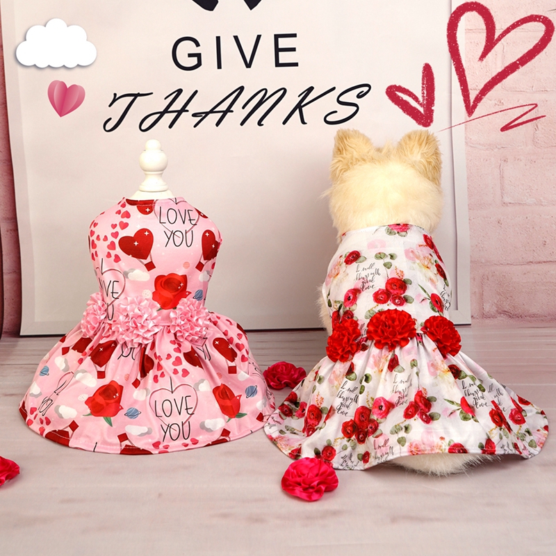 Elegant Floral Rose Print Dog Dress, White Background with Red and Pink Roses, Chic Fashion Spring Summer Puppy Skirt Pet Outfit