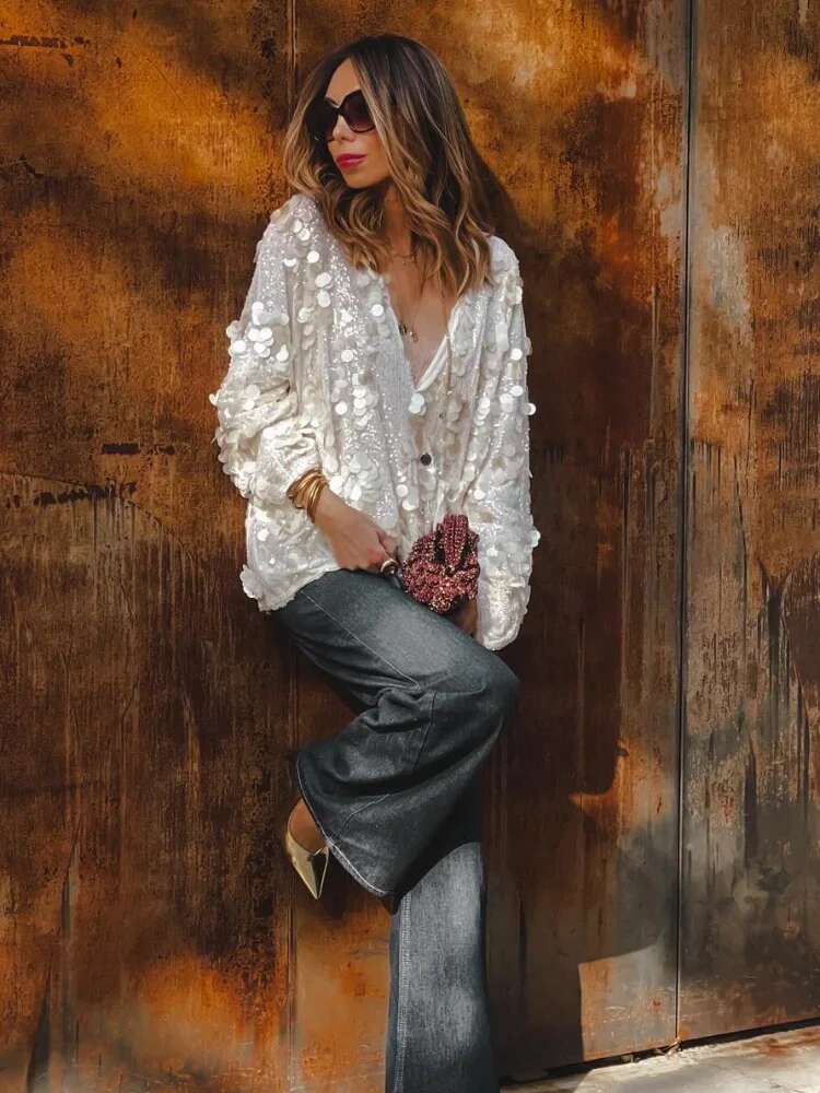 Fashion Women Sequined Lace Up Looseen Shirt Casual Long Sleeves V Neck Blouse 2025 Chic Female Spring Commute Streetwear