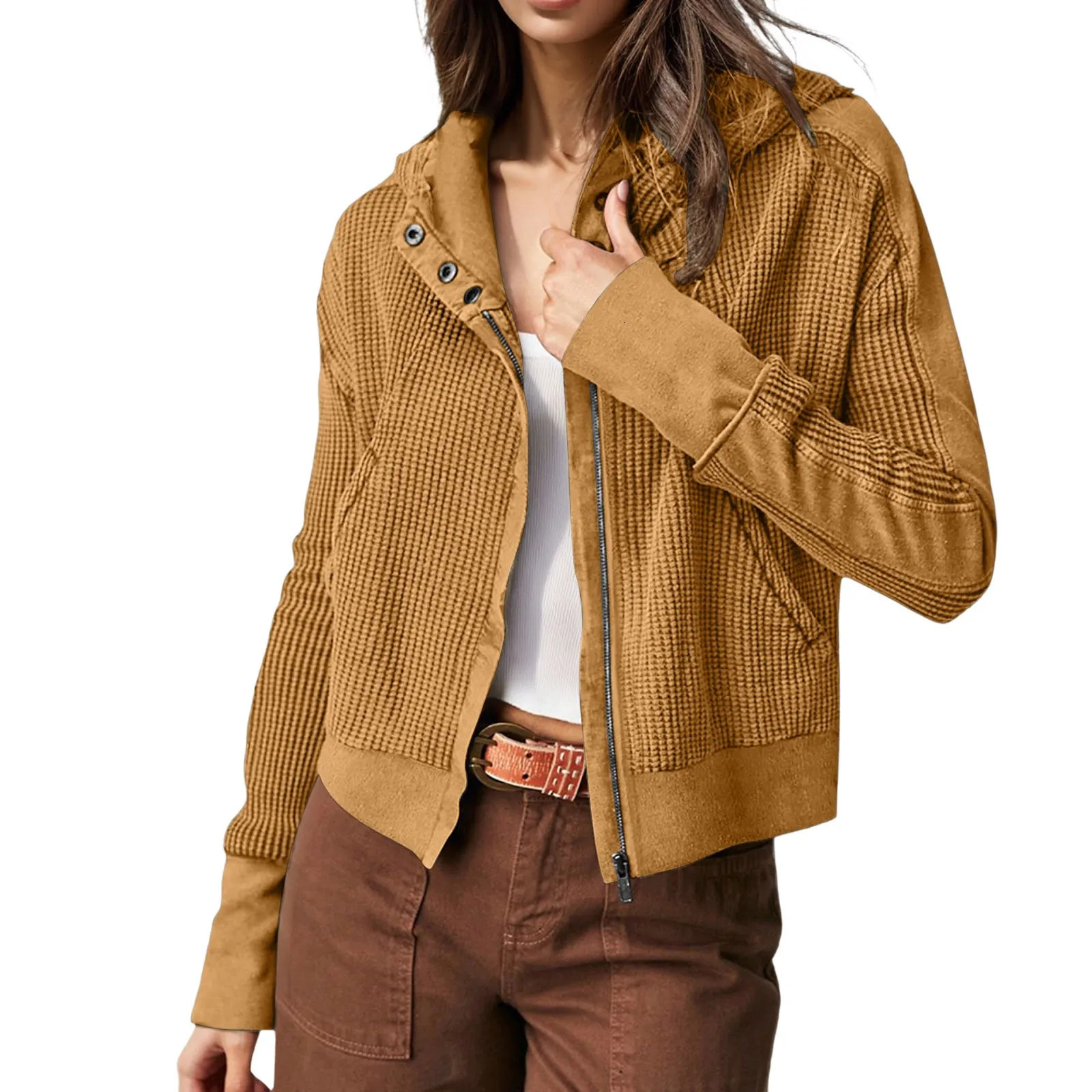 Womens Waffle Knit Hoodies Slim Fit Zippered Up Cropped Jackets Motro Biker Fashion Button Down Shacket Hooded Outerwear 250304