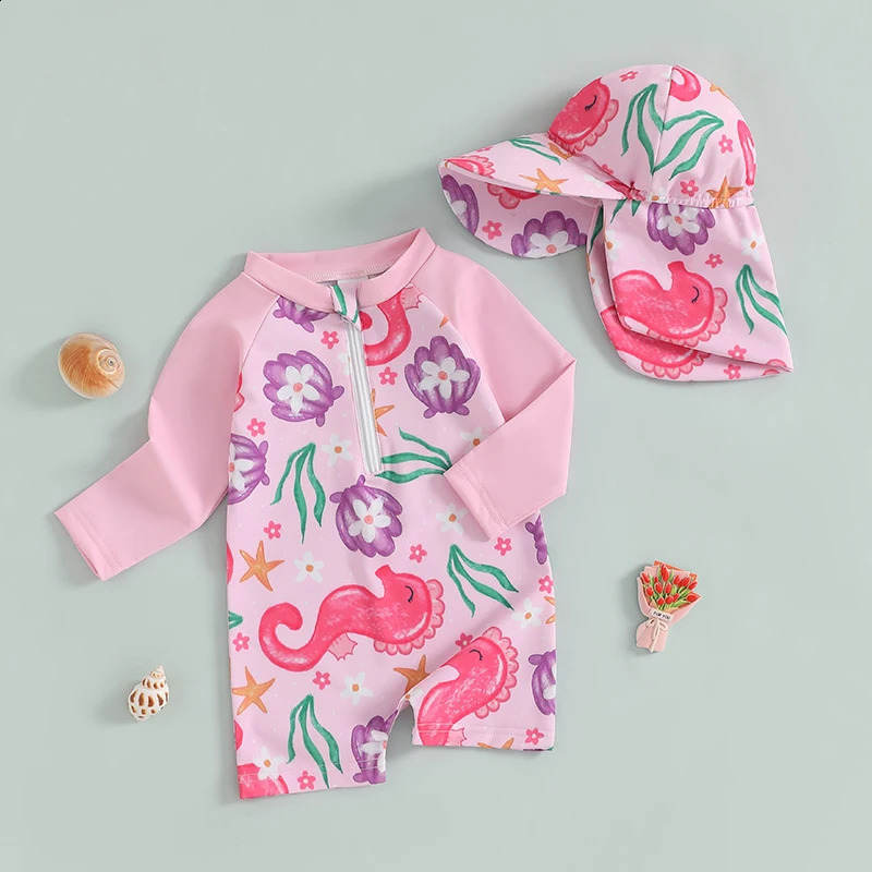 Baby Girl Swimsuit Ruffle Sleeve Floral Print Swimwear with UPF 50 Sun Protection and Matching Hat Set 250304