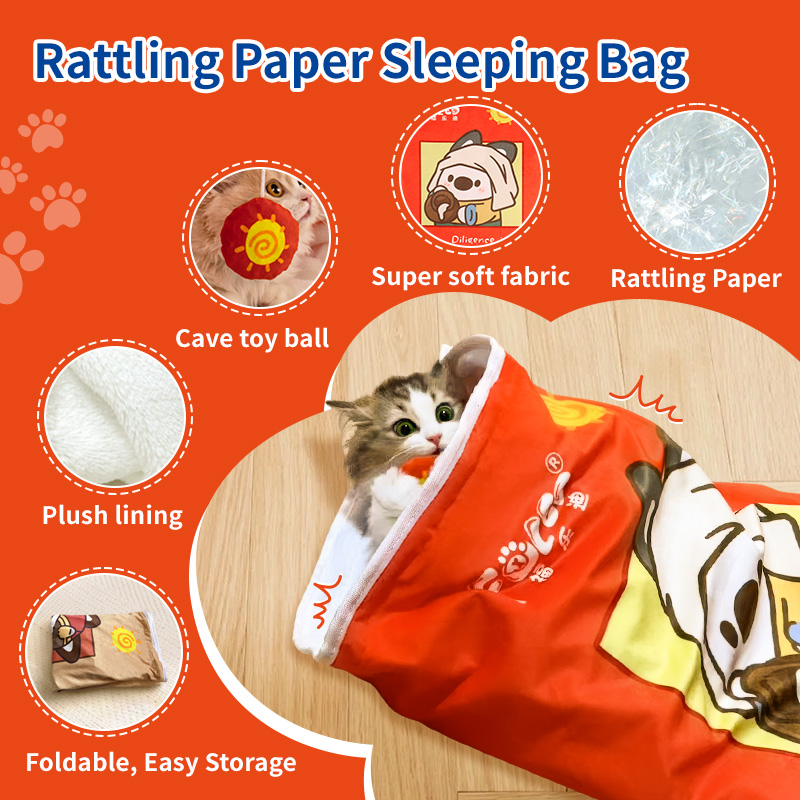 Extra Large Crinkle Cat Sleeping Bag with Hanging Toy - Cozy, Interactive Bed for Cats of All Ages, Perfect for Play