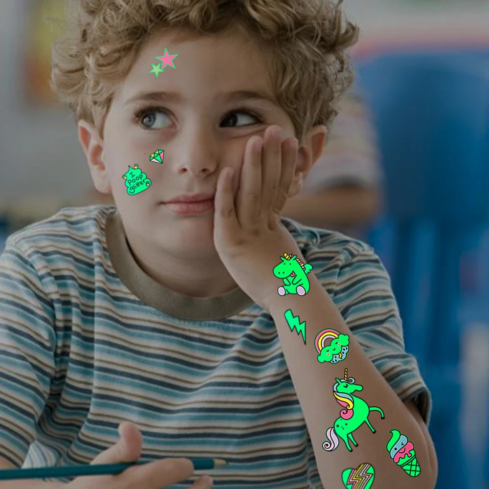 5pcs Green Luminous Glow Kids Cute Unicorn Waterproof Temporary Tattoo Stickers Dream Face Party Decoration Flash Body Art 250219