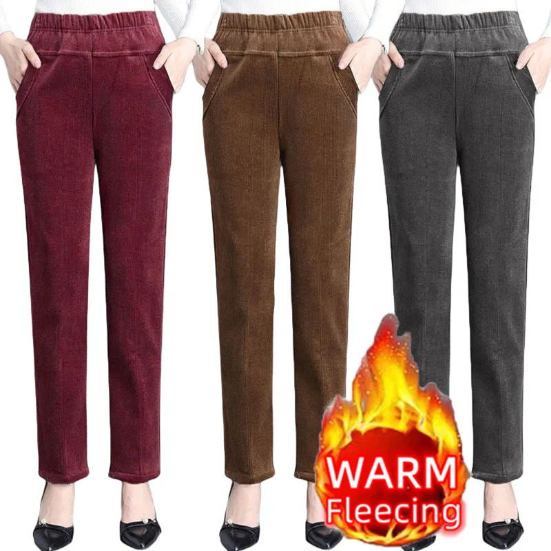 Thin Plush Thick Casual Pants Fleece Pencil Corduroy Warm High Waist Autumn Winter Leggings Trousers 250304
