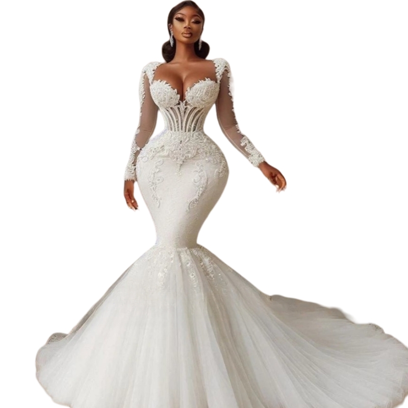 Long Sleeves Mermaid Wedding Dresses Lace Appliques Corset Ivory Tulle Bridal Gown Sweetheart Neckline African Vestido De Novia 2025