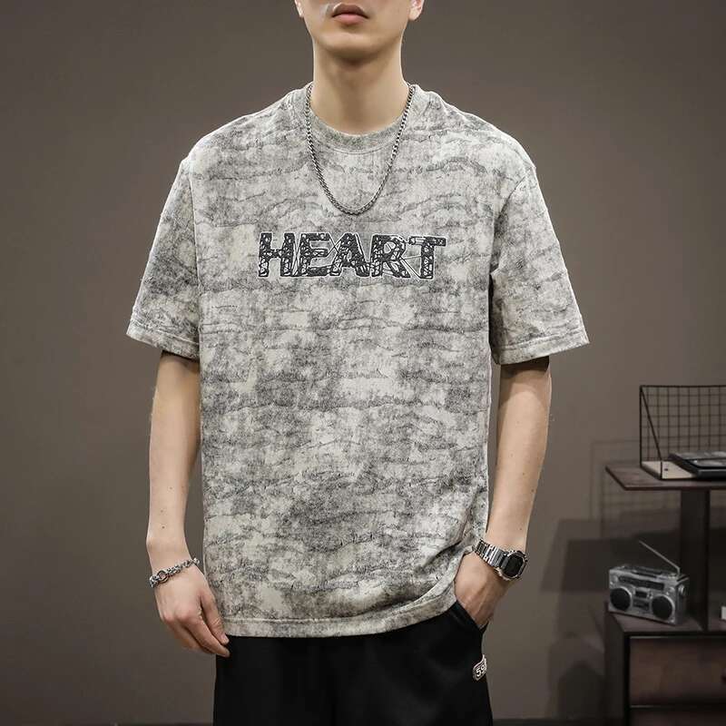2024 Summer New Round Neck Heavyweight T-Shirt Men's American Retro Distressed Washed Cotton Fashion Trend Letter Embroidery Top
