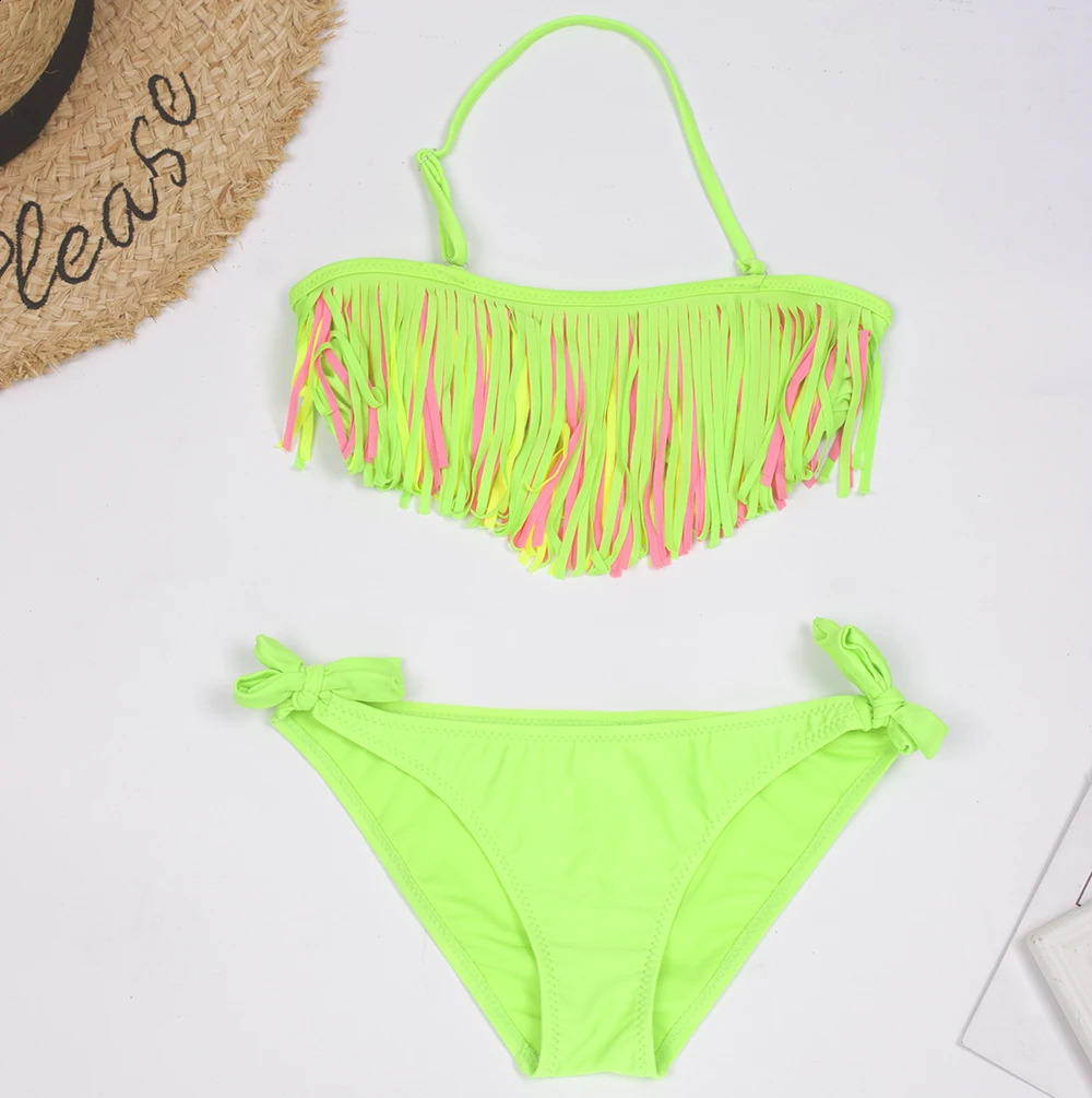 Tassel Girls Kids Swimsuit Swimwear Solid Swimming Suit Children Bandage Bikinis Holiday Beach Baby Biquini Infantil 250304