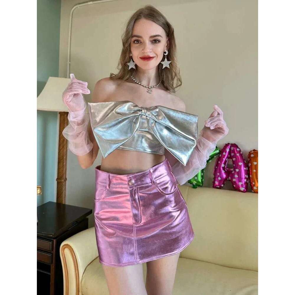 3 Summer Autumn Pink Sier Reflective Shiny Patent Leather Mini Skirts for Women High Waist A e Short Sexy Y2K Clothes