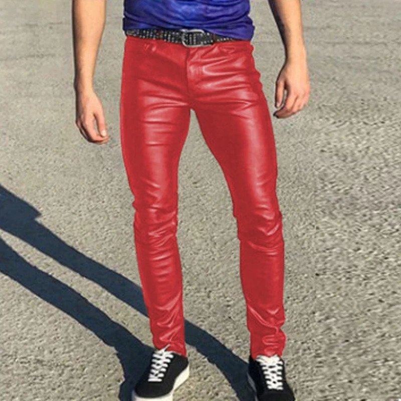 Fashionable mens ultrathin slim fit leather pants solid color mid waist tight elastic PU Trousers 2023 springsummer streetwear retro 250304