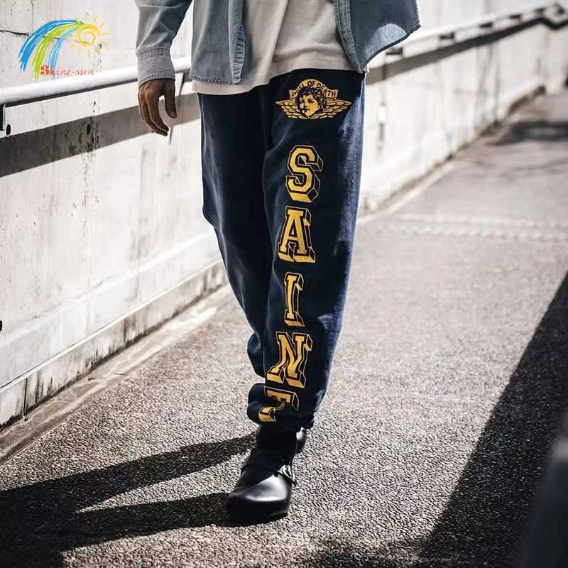 Hip Hop Cracked Graphics Print Saint Sweatpants Men Women Jogger Drawstring Casual Pants Vintage Washed Navy Blue Trousers X250828