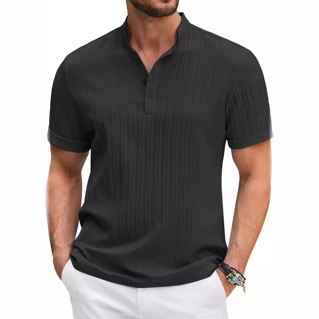 Highend Embroidered Cotton and Linen Striped Henry Shirt for Mens Summer Casual Fashion Comfortable Breathable Tshirt Top 250227