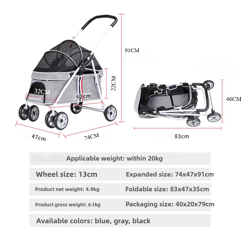 Pet Stroller Detachable and Easy Folding Travel Breathable Aluminum Cat Dog Baby Outdoor Cat Dog Transporter