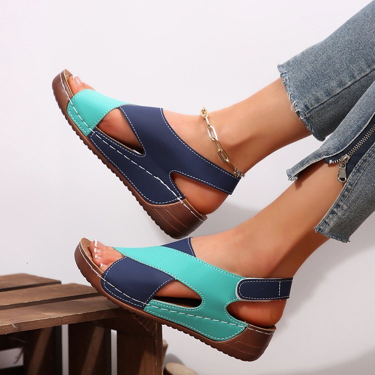 Large size wide stripe with beach slope heel, thick soled fish mouth sandals, 2025 summer new rocking line shoes ddmykukumalu