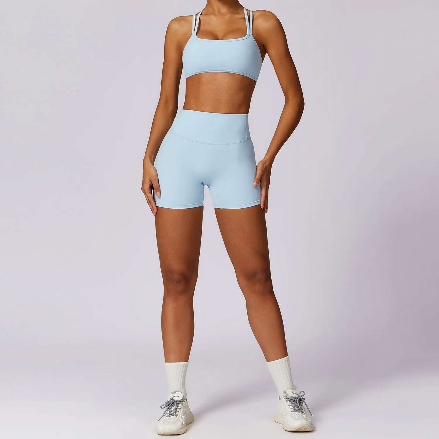 2 Piece Gym Outfits Women Tracksuit Sets High Waist Legging Shorts And Open Back Sports Bra Fiess Suit Yoga Clothing