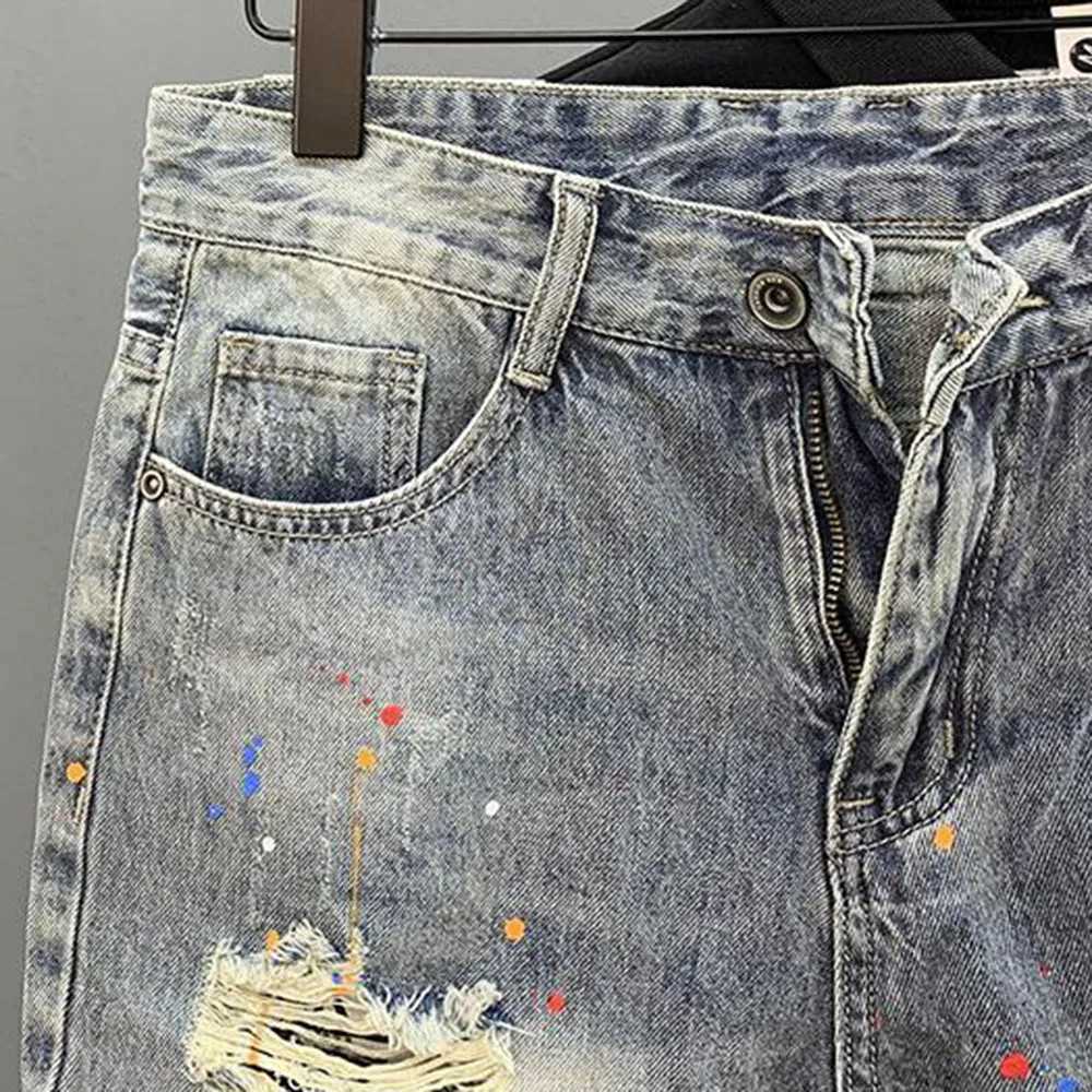 Cat Whiskers Ripped Denim Shorts Mens Personalized Print Splash Ink Summer New Korean Style Slim Fashion Five-Fifth PantT250305