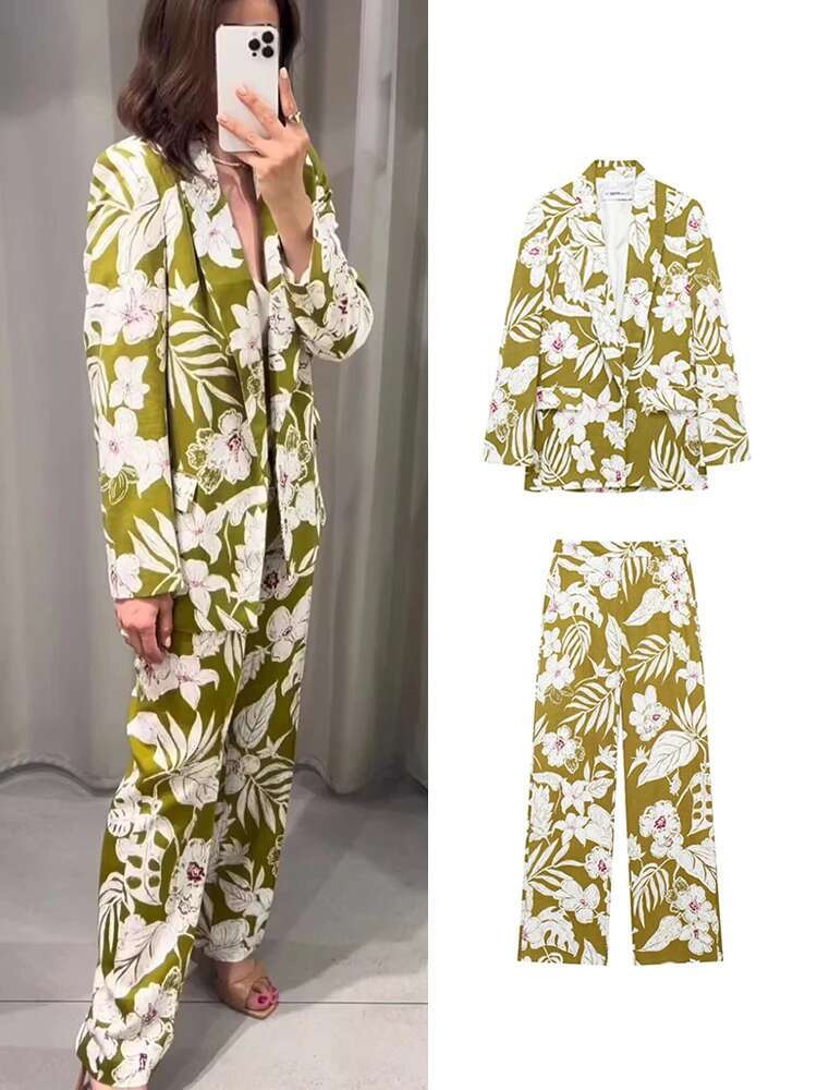 TRAF Two Pieces Women Printed Blazer Pant Sets Fashion Office Lady Notched Jacket Coats Side Zipper Wide Leg Pants Casual Suit