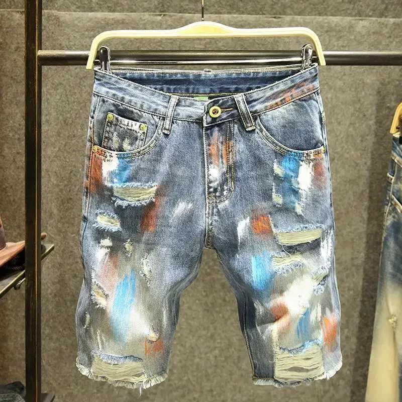 Mens Short Jeans Pants Multi Color Ripped Graffiti Male Denim Shorts Korean Fashion Blue New in Cut Emo Trend 2024 Original XlT250305