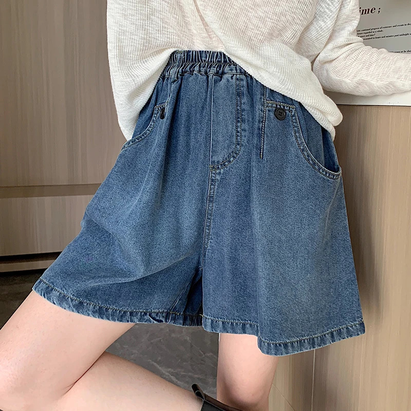 2024 Summer Plus Size Denim Shorts For Women High Elastic Wasit Wide Leg Loose Blue Jean Short Streetwear Half Jeans 250304