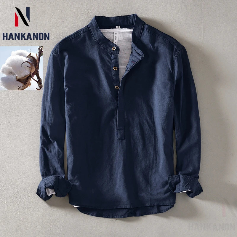 2024 Mens Linen Longsleeved Shirt with Stand Collar Youth Casual Loose Cotton and White Beach Vacation Top 250227