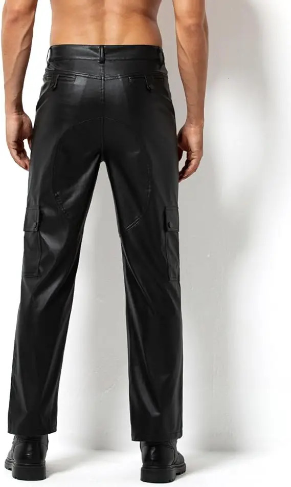 Arjen Kroos Mens Leather Pants Casual Straight Leg Motorcycle PU Pant Multi Pockets 250304
