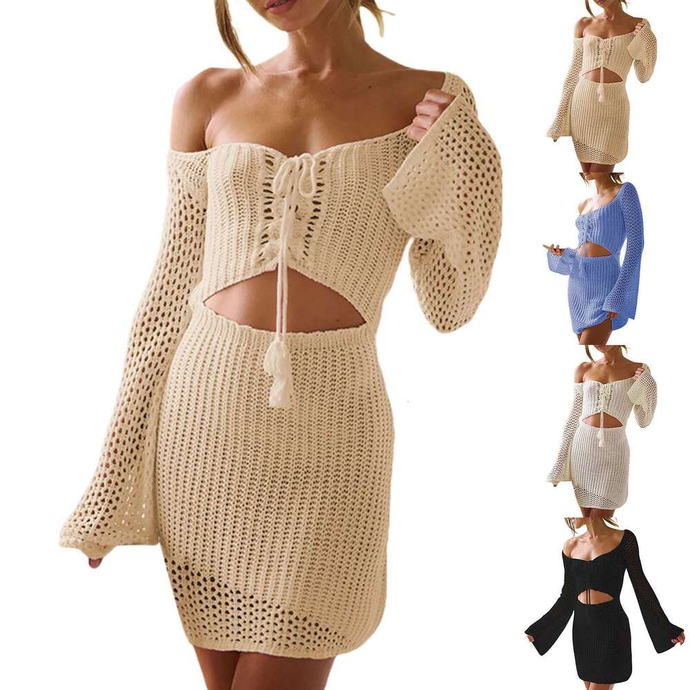 Long Knitted Sleeved Dress Swimwear Beach Outfits For Women Solid Color Slim Swimsuit Cover-Up Fashion Casual Beachwear Km-Ly